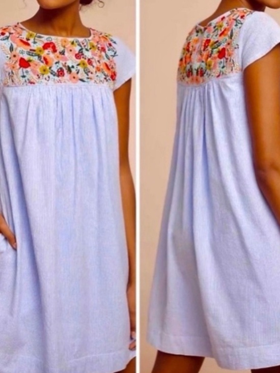 Maeve Dresses & Skirts - Maeve by Anthropologie embroidered dress in a soft blue seersucker fabric